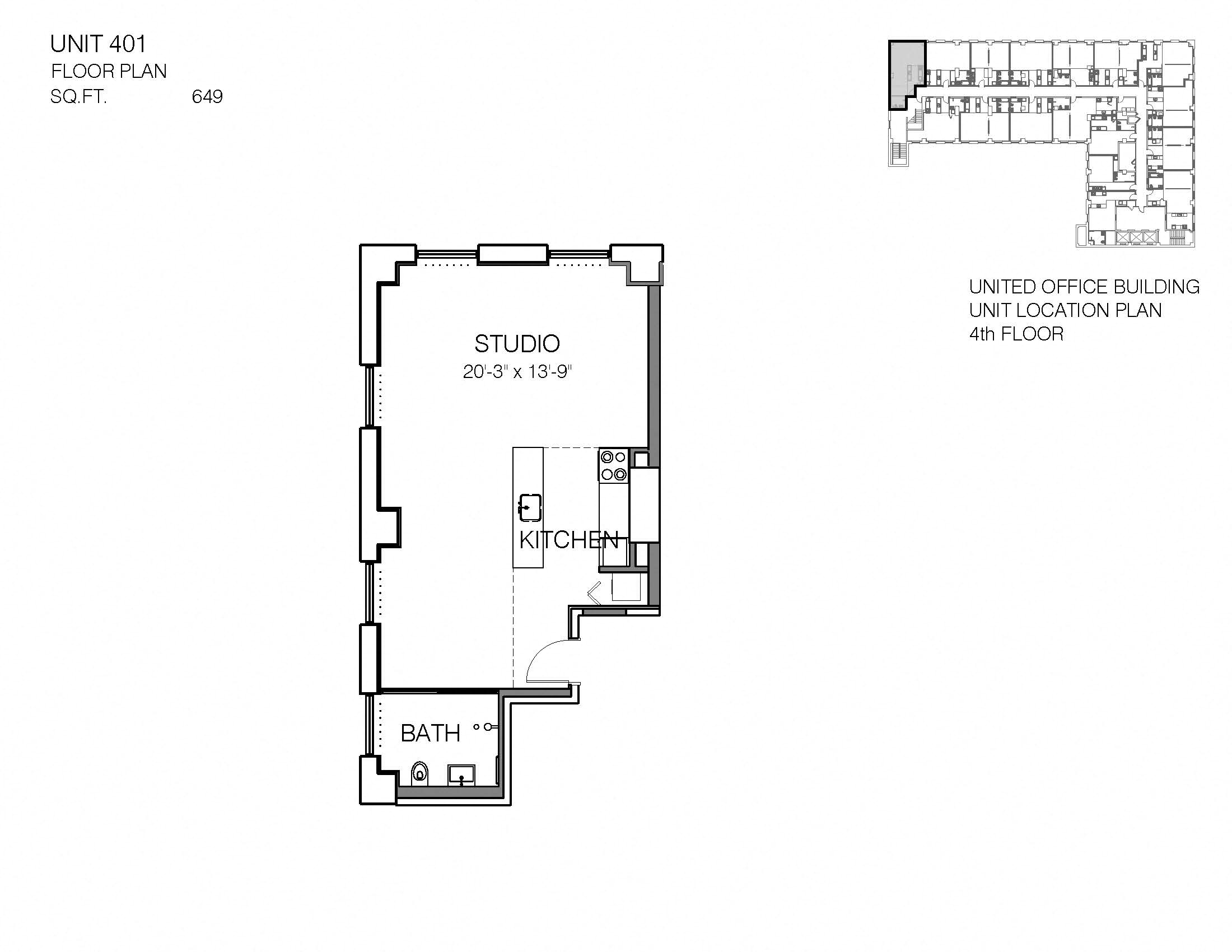 Floor plan for studio, 1 bath, 649 sqft